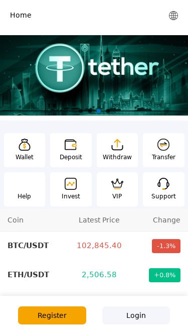 Screenshot 12/05/2025 mxmpsr.com Home Wallet Deposit Withdraw Transfer Help Invest VIP Support Coin Latest Price Change BTC/USDT 102,845.40 -1.3% ETH/USDT 2,506.58 +0.8% XRP/USDT 2.55 +8.0% ETC/USDT 19.94 +1.0% DOGE/USDT 0.2348 +1.3% DOT/USDT 5.14 +1.5% LTC/USDT 100.45 +0.4% SHIB/USDT 0.000016 +1.7% SOL/USDT 176.02 +2.4% AAVE/USDT 221.83 +1.7% ADA/USDT 0.8198 +3.2% UNI/USDT 6.93 +1.0% TRX/USDT 0.2750 +5.4% BCH/USDT 410.40 +0.1% Register Login