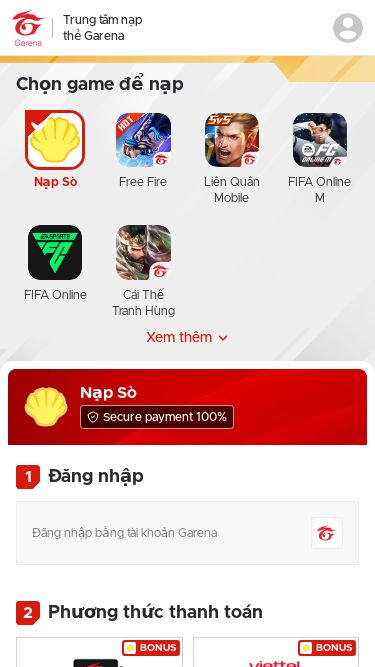 Screenshot 19/03/2025 napthec4.com Trung tâm nạp thẻ GarenaTrung tâm nạp thẻ GarenaChọn game để nạpNạp SòFree FireLiên Quân MobileFIFA Online MFIFA OnlineCái Thế Tranh HùngXem thêmNạp SòSecure payment 100%1Đăng nhậpĐăng nhập bằng tài khoản Garena2Phương thức thanh toánBonusBonusBonusBonus3Chọn mệnh giáVui lòng chọn loại thẻ thanh toán4Nhập thông tin thẻMỗi tài khoản có thể nhận ưu đãi 1 lầnMã thẻSố serialChọn loại thẻ để xem bảng giá© Garena Ga