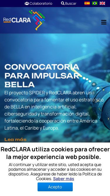 Screenshot 13/03/2025 redclara.net Inicio Colaboratorio Buscar SomosADN RedCLARAMisión, Visión y ValoresEstatutosHistoriaManual de MarcaGobernanzaAsambleaDirectorioComisión TécnicaEquipo de TrabajoMiembrosBrasil - RNPColombia - RENATACosta Rica - RedCONAREChile - REUNAEcuador - CEDIAGuatemala - RAGIEMéxico - CUDIUruguay - RAUIntegrarse a RedCLARA¿Cómo integrarse a RedCLARA?Estrategia de GéneroConectando a través de la diversidadInfraestructuraRedCLARA¿Qué Diferencia a RedCLARA de Otras Redes?Evolución Histórica de la RedTopolog
