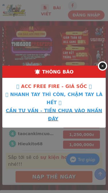 Screenshot 10/08/2025 thegioifreefire.com Thế Giới Acc Free Fire Giá Rẻ NẠP THẺ NẠP ATM/MOMO +10% BÀI VIẾT ĐĂNG NHẬP 1/1 TOP NẠP T.08 THẺ CÀO ATM / MOMO PHẦN THƯỞNG 1 choemcaykem 1,630,000 đ 2 doioi290 1,570,000 đ 3 binhbinh 1,350,000 đ 4 taocankimcuong 1,250,000 đ 5 Hieukito68 1,000,000 đ Sắp tới sẽ có sự kiện hot, hãy chờ nhé!!! NẠP THẺ NGAY ĐUA TOP NẠP THẺ HÀNG THÁNG NHẬN NGAY QUÀ CỰC KHỦNG TOP 1: 8.000.000 VNĐ TOP 2: 7.000.000 VNĐ TOP 3: 5.000.000 VNĐ TOP 4: 3.000.000 V