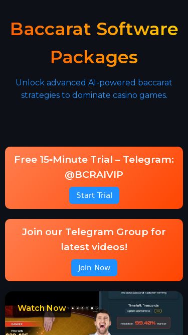 Screenshot 11/05/2025 bcrai.vip Baccarat Software - Ultimate Baccarat Strategy Baccarat Software Packages Unlock advanced AI-powered baccarat strategies to dominate casino games. Free 15‑Minute Trial – Telegram: @BCRAIVIP Start Trial Join our Telegram Group for latest videos! Join Now Watch Now Baccarat Winning System: $306,275 Won in 18 Minutes by a Professional How To Play Baccarat with a Winning Mindset for $1 Million Flat Betting AI System – How I Won $156,000 from $1000 (99% Accuracy!) Baccarat Strategy Mikki: The Ultimate Guid