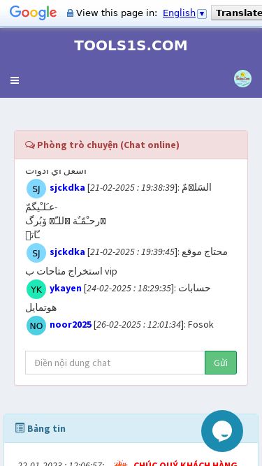 Screenshot 26/02/2025 tools1s.com Tools1s.Com | Trang web chia sẻ tools hữu ích và nhanh chóng. Miễn phí và có phí! Original textRate this translationYour feedback will be used to help improve Google Translate T1S TOOLS1S.COM Toggle navigation Hello Tools1s Online MENU NAVIGATION Language Trans Youtube Tools1s Đăng nhập Đăng kí Vip Service Mở khóa tên miềnbị chặn trên Facebook Facebook Order Facebook page likersand followers order Facebook follower order Email Tool Kiểm tra liên kết emailFacebook Kiểm t