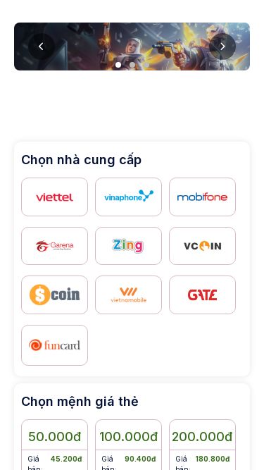 Screenshot 10/03/2025 muathecao1s.online Mua thẻ cào giá rẻ Trang chủ Giới thiệu Chính sách bán hàng Tra cứu đơn mua Chọn nhà cung cấp Chọn mệnh giá thẻ 50.000đ Giá bán: 45.200đ 100.000đ Giá bán: 90.400đ 200.000đ Giá bán: 180.800đ 300.000đ Giá bán: 271.200đ 500.000đ Giá bán: 452.000đ 1.000.000đ Giá bán: 904.000đ Số lượng - + Chọn thông tin nhận thẻ Nhập email hoặc số điện thoại của bạn vào ô bên dưới để tránh bị mất thẻ không mong muốn. Chúng tô