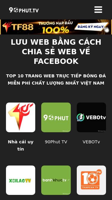 Screenshot 13/03/2025 90phut.fyi 90Phut TV - 90P Trực Tiếp Bóng Đá - Link Xem Bd Trực Tuyến Nhảy tới nội dung 90phut Tin tức Soi kèo Lịch thi đấu 90phut Main Menu Tin tức Soi kèo Lịch thi đấu LƯU WEB BẰNG CÁCH CHIA SẺ WEB VỀ FACEBOOK TOP 10 TRANG WEB TRỰC TIẾP BÓNG ĐÁ MIỄN PHÍ CHẤT LƯỢNG NHẤT VIỆT NAM Nhà cái uy tín 90Phut TV VEBOTv XOILAC Banhkhuc Thap Cam TV Trực tiếp bóng đá chất lượng full HD Bình luận viên tiếng việt tất cả các giải đấu 90phut