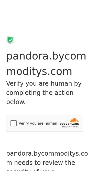Screenshot 01/05/2025 pandora.bycommoditys.com Just a moment... pandora.bycommoditys.com Verify you are human by completing the action below. pandora.bycommoditys.com needs to review the security of your connection before proceeding. Verification successful Waiting for pandora.bycommoditys.com to respond... Enable JavaScript and cookies to continue Ray ID: 938e019af99f8104 Performance & security by Cloudflare