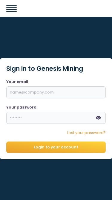 Screenshot 28/02/2025 portal.genesis-mining.com Login | Genesis Mining Sign in to Genesis MiningYour emailYour passwordvisibilityLost your password?Login to your account