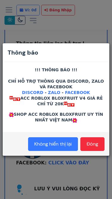 Screenshot 17/03/2025 marketroblox.store Select Language: Vietnamese Vietnamese English Select Currency: VND VND USD Số dư 0đ - Giảm: 0% Trang Chủ Mua Tài Khoản Blox Fruits - Race V4 - Login Quốc Tế Blox Fruits - Race V4 - Login VNG ACC BLOX FRUIT - VIP Bán Trái Blox - BLOX FRUIT ACC Fruit Mythicial Sell Item King Legacy - Nguyên Liệu Random Liên Quân Lịch Sử Mua Hàng Tiếp Thị Liên Kết Nạp Tiền Ngân Hàng Hoá Đơn Khác Liên Hệ Ví: 0đ Đăng Nhập Notifications Bạn chưa đăng nhập Đăng Nhập 