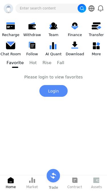 Screenshot 02/04/2026 usdc032.com Home Hello AppKuVue，这里可以配置全局的东西 Enter search content Pull down to refresh Recharge Withdraw Team Finance Transfer Chat Room Follow AI Quant Download More Favorite Hot Rise Fall Please login to view favorites Login Pull down to refresh Name Price Change Pull down to refresh Name Price Change Pull down to refresh Name Price Change Home Market Trade Contract Assets Home Market Contract Assets