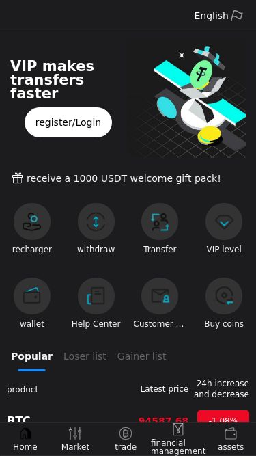 Screenshot 06/05/2025 usdpayt.com English VIP makes transfers faster register/Login Register now to receive a 1000 USDT welcome gift pack! recharger withdraw Transfer VIP level wallet Help Center Customer Service Buy coins Popular Loser list Gainer list product Latest price 24h increase and decrease BTC 94587.68 -1.08% ETH 1814.8 -0.97% EOS 0.716 4.57% BCH 353.2 -1.25% ETC 16.04 0% MX 2.803 -0.6% APT 5.05 -1.55% TON 2.971 -2.52% TRUMP 11.031 -0.51% XRP 2.1383 -1.73% USDC 1.0001 0.03% TRX 0.2477 0.44% BNB 598.38 1.7% SUI 3.4193 3.48% KAS 0.0