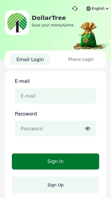 Screenshot 10/04/2025 dltr-mall.cc DollarTree DollarTree Save your money&time English Email Login Phone Login E-mail Password Sign In Sign Up
