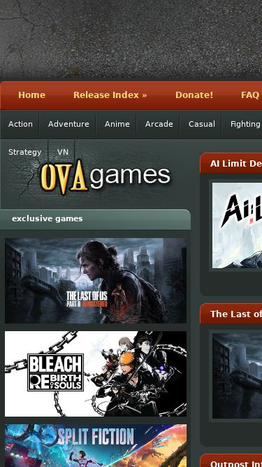 Screenshot 10/04/2025 ovagames.com Ova Games - Crack - Full Version PC Games Download Free Home Release Index » GOG Games Repack Games Scene Games Emulator Games Donate! FAQ Action Adventure Anime Arcade Casual Fighting Horror Platformer Puzzle Racing RPG Shooter Simulation Sports Strategy VN ﻿ AI Limit Deluxe Edition MULTi10-ElAm... South of Midnight Premium Edition MU... The Last of Us Part II Remastered MU... Gunsmith Simulator MULTi16-ElAmigos Outpost Infinity Siege Vanguard Edit... Eiyuden Chronicle Hundred Heroes Del... Wild West Dy