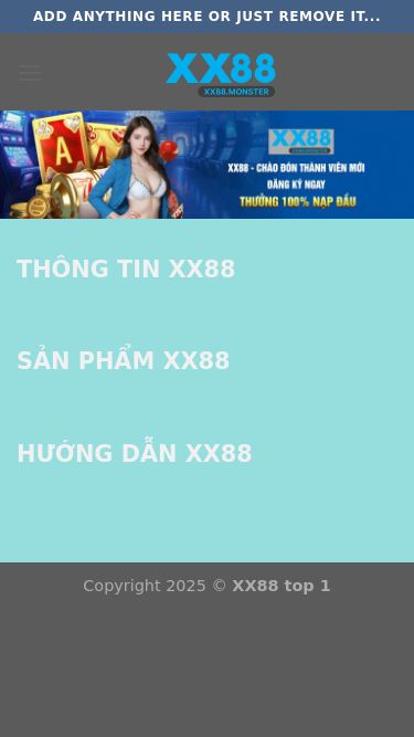 Screenshot 07/12/2025 xx88.monster XX88 - XX88 Skip to content Add anything here or just remove it... XX88 Thể thao Live casino Esports Xổ số Nổ hũ Đá gà Khuyến mãi Giấy phép hoạt động Tin tức THÔNG TIN XX88 SẢN PHẨM XX88 HƯỚNG DẪN XX88 Copyright 2025 © XX88 top 1 XX88 Thể thao Live casino Esports Xổ số Nổ hũ Đá gà Khuyến mãi Giấy phép hoạt động Tin tức WooCommerce not Found Newsletter