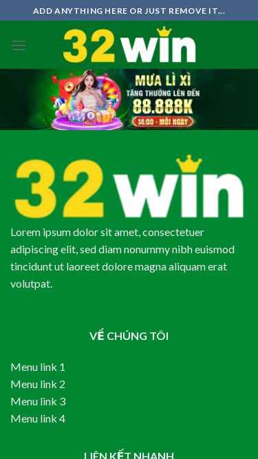 Screenshot 16/07/2025 32win1.biz trang chủ Skip to content Add anything here or just remove it... trang chủ XỔ SỐ ĐÁ GÀ BẮN CÁ BẮN CÁ NỔ HŨ CASINO KHUYẾN MÃI TIN TỨC Lorem ipsum dolor sit amet, consectetuer adipiscing elit, sed diam nonummy nibh euismod tincidunt ut laoreet dolore magna aliquam erat volutpat. VỀ CHÚNG TÔI Menu link 1 Menu link 2 Menu link 3 Menu link 4 LIÊN KẾT NHANH Menu link 1 Menu link 2 Menu link 3 Menu link 4 THÔNG TIN CHI TIẾT Lorem ipsum dolor sit amet, consectetuer adipiscing elit