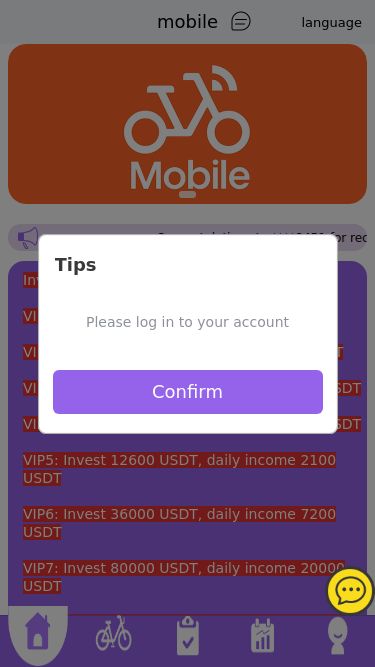 Screenshot 19/07/2025 mobile1.vip mobile Language mobile language Congratulations to ****8451 for recommending a Bike 7 member and get 300 USDT referral reward,Congratulations to ****9877 for recommending a Bike 7 member and get 300 USDT referral reward,Congratulations to ****4163@gmail.com for recommending a Bike 9 member and get USDT referral reward,Congratulations to ****8836 for recommending a Bike 6 member and get 144 USDT referral reward,Congratulations to ****5948 for recommending a Bike 6 member and get 144 USDT referral reward,Cong