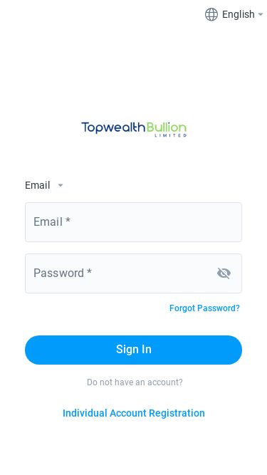 Screenshot 13/03/2025 client.topwealthtrading.com TWT Client Portal | Login Englisharrow_drop_downEmailarrow_drop_downEmail *Password *visibility_offForgot Password?Sign InDo not have an account?Individual Account Registration