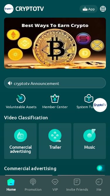 Screenshot 25/05/2025 cryptotv.site CRYPTOTV CRYPTOTV App Home cryptotv Announcement Volunteable Assets Member Center System Tutorial Video Classification Commercial advertising Trailer Music Commercial advertising 106620 views 00:56 Vulcan Materials' Environmental Challenge 5 points Rating immediately 47674 views 00:30 Michael CeraVe 5 points Rating immediately 81854 views 01:00 Quicksilver “Holiday Night Fever” 5 points Rating immediately 79773 views 00:30 Lay's x Goats for Messi 5 points Rating immediately 76094 views 00:45 STANLEY 5 p