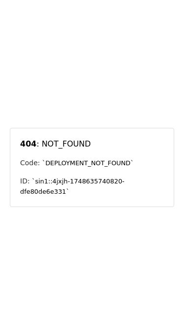 Screenshot 31/05/2025 nghiadn-nghia2624s-projects.vercel.app 404: NOT_FOUND 404: NOT_FOUND Code: DEPLOYMENT_NOT_FOUND ID: sin1::4jxjh-1748635740820-dfe80de6e331 This deployment cannot be found. For more information and troubleshooting, see our documentation.