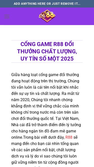 Screenshot 25/05/2025 r88.us.com R88 - r88.us.com Bỏ qua nội dung Add anything here or just remove it... Đăng Ký Đăng Nhập R88 Thương hiệu R88 Bắn Cá Casino Game Slot Thể thao Xổ số Khuyến mãi R88 Cổng game R88 đổi thưởng chất lượng, uy tín số một 2025 Giữa hàng loạt cổng game đổi thưởng đang hoạt động trên thị trường, Chúng tôi vẫn luôn là cái tên nổi bật khi nhắc đến sự uy tín và chất lượng. Ra mắt từ năm 2020, Chúng tôi nhanh chóng kh