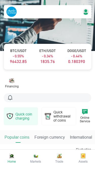 Screenshot 03/05/2025 schwcorpordi.com Charles Schwab BTC/USDT 0.55% 96432.85 ETH/USDT 0.34% 1835.76 DOGE/USDT 0.44% 0.180390 Financing Quick coin charging Quick withdrawal of coins Online Service Popular coins Foreign currency International gold Name Latest price Fluctuation range BTC/USDT 96432.85 0.55% ETH/USDT 1835.76 0.34% XRP/USDT 2.212600 0.61% LTC/USDT 87.4600 1.99% BNB/USDT 599.90 0.04% SOL/USDT 147.94 1.46% DOGE/USDT 0.180390 0.44% TRX/USDT 0.249300 1.79% AR/USDT 7.650000 3.28% GRT/USDT 0.097600 2.30% IMX/USDT 0.634000 0.62% MKR/USDT 1