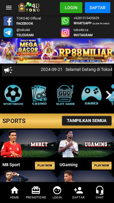 Screenshot 11/04/2025 toko4d2.top Toko4d | Togel Online | Togel Singapore | Togel Hongkong | Judi Online - Toko4d.com menu login daftar menu SPORTS LIVE KASINO SLOT GAMES GAMES TOGEL SABUNG AYAM POKER card_giftcard promotions headset_mic Chat refresh Reload All Data desktop_windows Desktop Site id 4/11/2025 1:01:26 AM © Copyright 2014 - 2025. All Rights Reserved. | 18+ TOKO4D Official facebook +6281315435629 whatsapp (Click to Chat) @toko4d telegram toko4d.cs instagram arrow_back_ios arrow_forward_ios campaign 2024-09-21   Selamat Datang d