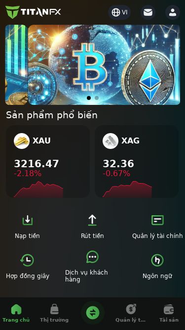 Screenshot 01/05/2025 fbofof43.titanifx.vip Titan FX - Home Please enable JavaScript to continue. Trang chủ Hợp đồng giây Thị trường Quản lý tài chính Ví Nạp tiền VI VI Sản phẩm phổ biến XAU 3216.47 -2.18% XAG 32.36 -0.67% NGAS 3.54 2.51% WTI 58.61 0.70% Nạp tiền Rút tiền Quản lý tài chính Hợp đồng giây Dịch vụ khách hàng Ngôn ngữ Tiền mã hóa Cổ phiếu Ngoại hối Kim loại quý Không có dữ liệu 7.8M Khách hàng 190+ Quốc gia hỗ trợ $289.9B Khối lượng giao dịch h