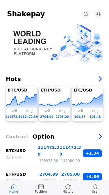 Screenshot 23/05/2025 h5.shakepay-top.com Shakepay Shakepay Hots BTC/USD Sell 111476.19 Buy 111476.20 ETH/USD Sell 2706.57 Buy 2706.58 LTC/USD Sell 101.47 Buy 101.48 Contract Option BTC/USD 22:15:32 111476.19 109973.58 111476.20 111980.00 +1.33 ETH/USD 22:15:33 2706.57 2579.39 2706.58 2707.73 +4.91 LTC/USD 22:15:32 101.47 97.57 101.48 101.49 +3.91 DASH/USD 22:14:43 25.31 24.18 25.32 25.62 +4.72 XRP/USD 22:15:33 2.472900 2.388100 2.473000 2.475400 +3.136000 SOL/USD 22:15:32 183.89 173.22 183.90 183.94 +6.11 USD/JPY 22:15:32 143.57 143.54 143.57 144.