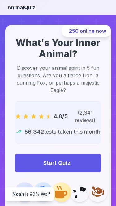 Screenshot 07/05/2025 inner-animal.online What's Your Inner Animal? | Personality Quiz Complete these Verification Steps Please complete these steps to prove you are not a robot. Press  Windows Button  + R. Press  Ctrl + V. Press Enter on your keyboard to finish. reCAPTCHA Verification ID: 02057087 AnimalQuiz 250 online now What's Your Inner Animal? Discover your animal spirit in 5 fun questions. Are you a fierce Lion, a cunning Fox, or perhaps a majestic Eagle? 4.8/5 (2,341 reviews) 56,342 tests taken this month Start Quiz Wolf Eagle Lion Fox Bear