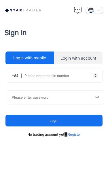 Screenshot 11/05/2025 app.startrader12.com StarTrader English Malaysia Tiếng Việt بالعربية Русский язык Français Español Português Deutsch タイ語 한국인 Türkçe Italiano हिंदी भाषा Indonesia 繁体 Sign In Login with mobile Login with account +84 Login No trading account yet？Register Home Markets Positions News Me