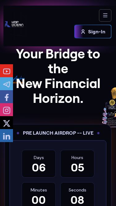 Screenshot 25/05/2025 xrpocean.com XRPOcean® | XRP Liquidity Provider Sign-In Your Bridge to the New Financial Horizon. PRE LAUNCH AIRDROP -- LIVE 06 Days 05 Hours 00 Minutes 08 Seconds May 31, 2025 - 04:00PM UTC CLAIM YOUR AIRDROP One Ripple can move oceans. Be the force behind the Wave. About XRPOcean® XRP Ocean is a cutting-edge affiliate marketing platform designed to bring liquidity to the global financial ecosystem through strategic partnerships. As an extension of XRP Trans Ocean, a premium liquidity provider (LP), XRP Ocean is dedi