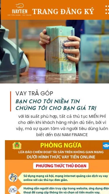 Screenshot 03/03/2025 thanhthao6969mkt.org 098x.xxx.xxxTRANG ĐĂNG KÝVAY TRẢ GÓPBẠN CHO TÔI NIỀM TINCHÚNG TÔI CHO BẠN GIÁ TRỊvới lãi suất phù hợp, tất cả thủ tục MIỂN PHÍ cho đến khi khách hàng nhận đủ tiền, bởi vì vậy, mà sự quan tâm và người tiêu dùng luôn biết đến ĐẠI NAM FINANCECall nowHổ trợ tài chính từ 5tr - 300trĐỂ TỶ LỆ DUYỆT XIN LƯU Ý Lưu ý :nếu anh chị là sinh viên hay công việc tư do, thì khai làm công ty ( điền công ty gần mà