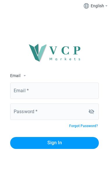 Screenshot 13/03/2025 crm.vcpmarkets.com Vcp Markets Client Portal | Login Englisharrow_drop_downEmailarrow_drop_downEmail *Password *visibility_offForgot Password?Sign In