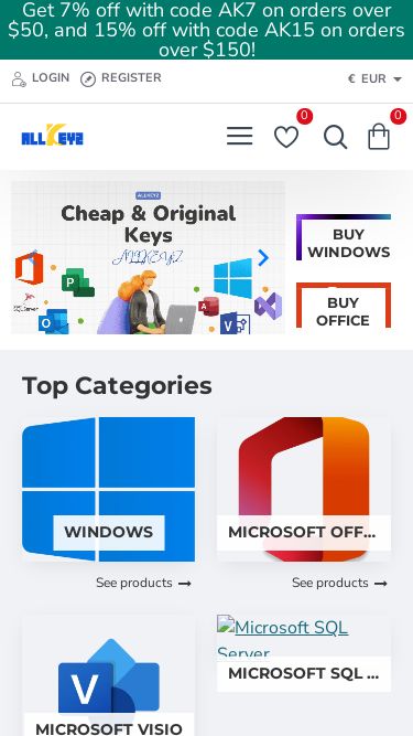 Screenshot 24/02/2025 allkeyz.com Cheap Microsoft Windows and Office Keys Just $1 - AllKeyz Get 7% off with code AK7 on orders over $50, and 15% off with code AK15 on orders over $150!AllKeyz Menu Categories New All Categories Contact Compare0 About Us FAQ Menu Your Cart Your shopping cart is empty! Login Register € Euro EUR € Euro EUR £ Pound Sterling GBP $ US Dollar USD 0 AllAllMicrosoft AccessMicrosoft OfficeMicrosoft OutlookMicrosoft Power BIMicrosoft ProjectMicrosoft SQL ServerMicrosoft VisioMicrosoft Visual StudioWindows Search h