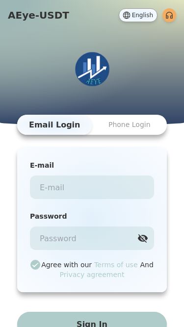 Screenshot 22/02/2025 syuffxx.com AEye-USDT AEye-USDTEnglishEmail LoginPhone LoginE-mailPasswordAgree with ourTerms of useAndPrivacy agreementSign InSign Up