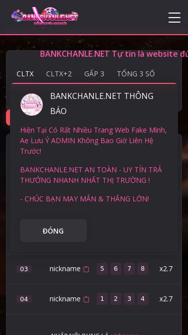 Screenshot 17/03/2025 bankchanle.net CHẴN LẺ BANK Trang Chủ Nhiệm Vụ Ngày Giftcode Liên Kết Telegram Fan Miễn Phí đăng nhập đăng ký Admin Support GRUOP PHÁT GIFCODE GRUOP GIAO LƯU VIDEO HƯỚNG DẪN CHƠI © CHẴN LẺ BANK, 2018—2028. Create by CHẴN LẺ BANK. CLTX CLTX+2 GẤP 3 TỔNG 3 SỐ 1 PHẦN 3 XIÊN ĐOÁN SỐ XSMB BANKCHANLE.NET THÔNG BÁO Hiện Tại Có Rất Nhiều Trang Web Fake Mình, Ae Lưu Ý ADMIN Không Bao Giờ Liên Hệ Trước! BANKCHANLE.NET AN TOÀN - UY TÍN TRẢ THƯỞNG N