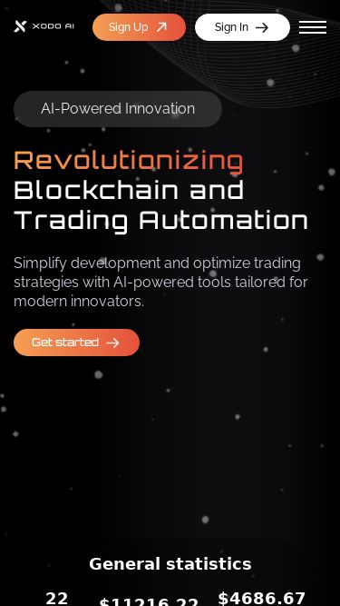 Screenshot 05/03/2025 xodoai.com XodoAI AI Products FAQ Contacts Sign Up Sign In AI-Powered Innovation Revolutionizing Blockchain and Trading Automation Simplify development and optimize trading strategies with AI-powered tools tailored for modern innovators. Get started General statistics 22 Days Worked $11216.22 Total Invested $4686.67 Total Withdrawn Choose the right plan for you 1% in day 3 days Minimum Amount 25$ Maximum Amount 500$ Deposit at the end of the term X-AI Start Now 1.3% in day 5 days Minimum Amount 501$ Maximum Amount 500