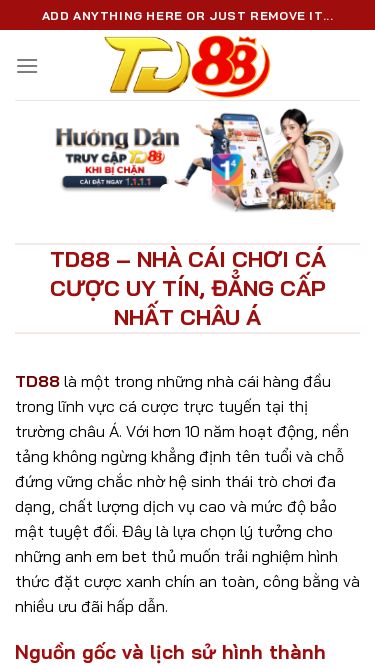 Screenshot 06/05/2025 td88.mobi TD88 – Nhà Cái Chơi Cá Cược Uy Tín, Đẳng Cấp Nhất Châu Á Chuyển đến nội dung Add anything here or just remove it... TD88 Hướng dẫn Đăng Nhập TD88 Đăng Ký TD88 Nạp tiền TD88 Rút Tiền TD88 Tải App TD88 Casino Thể thao Xổ số Đá gà Bắn cá Khuyến Mãi TD88 – Nhà Cái Chơi Cá Cược Uy Tín, Đẳng Cấp Nhất Châu Á TD88 là một trong những nhà cái hàng đầu trong lĩnh vực cá cược trực tuyến tại thị trường châu Á.
