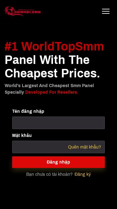 Screenshot 06/03/2025 smmno1.com SMM Panel - All Social Services Đăng nhập Dịch vụ API Đăng ký #1 WorldTopSmm Panel With The Cheapest Prices. World's Largest And Cheapest Smm Panel Specially Developed For Resellers. Tên đăng nhập Mật khẩu Quên mật khẩu? Đăng nhập Bạn chưa có tài khoản? Đăng ký Bắt đầu từ đâu? Bạn muốn bắt đầu đặt hàng trên bảng điều khiển của chúng tôi? Hãy làm theo 4 bước đơn giản sau đây. 1 1. Đăng ký Đăng ký vào bảng điều khi